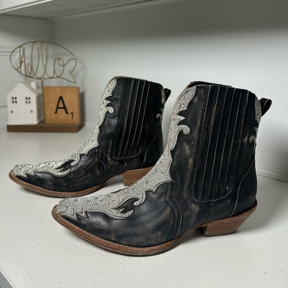 Dan Post Shoes - Dan Post Western Ankle Boots Women’s 9.5 Black Leather w/ Silver Inlay Cowboy